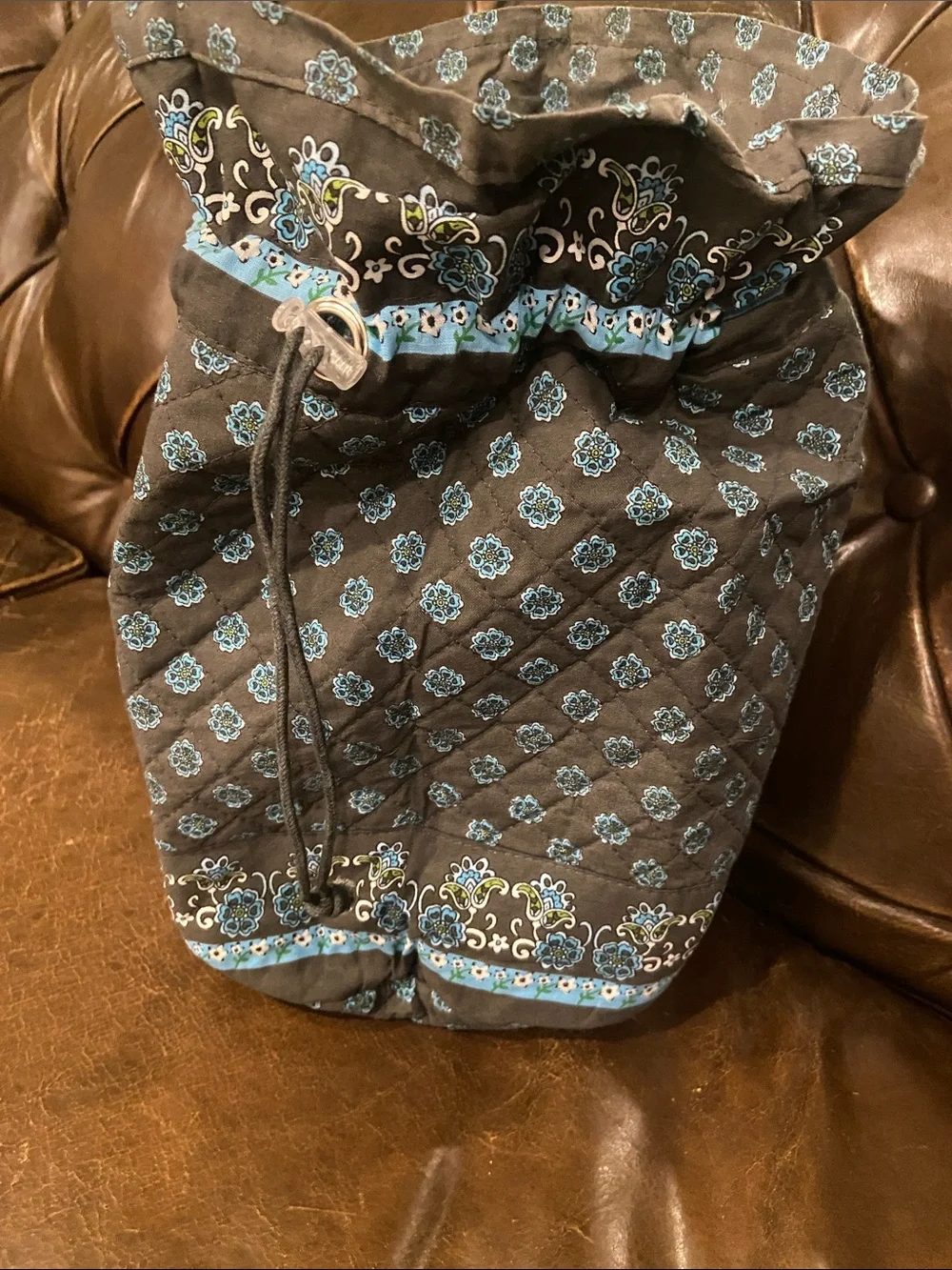 Quilted Drawstring Hobo Bag in Brown and Blue